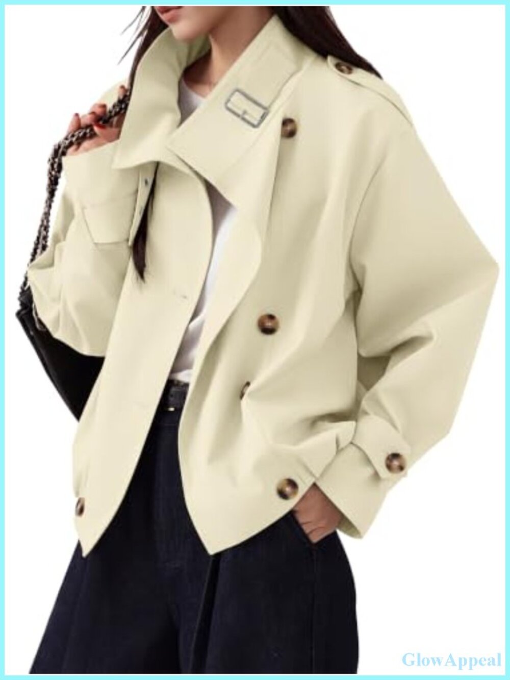 Women's Cropped Trench Coat Vintage Button Jacket with Pockets